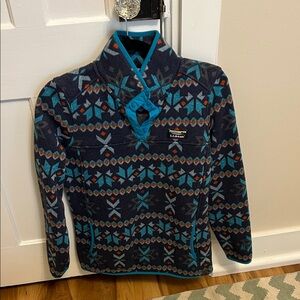 L.L. Bean Navy, Teal & Rust Geometric Fleece Pullover